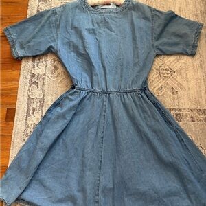 Coldwater Creek Blue Denim vintage dress cinched waist & high neck 100 cotton M